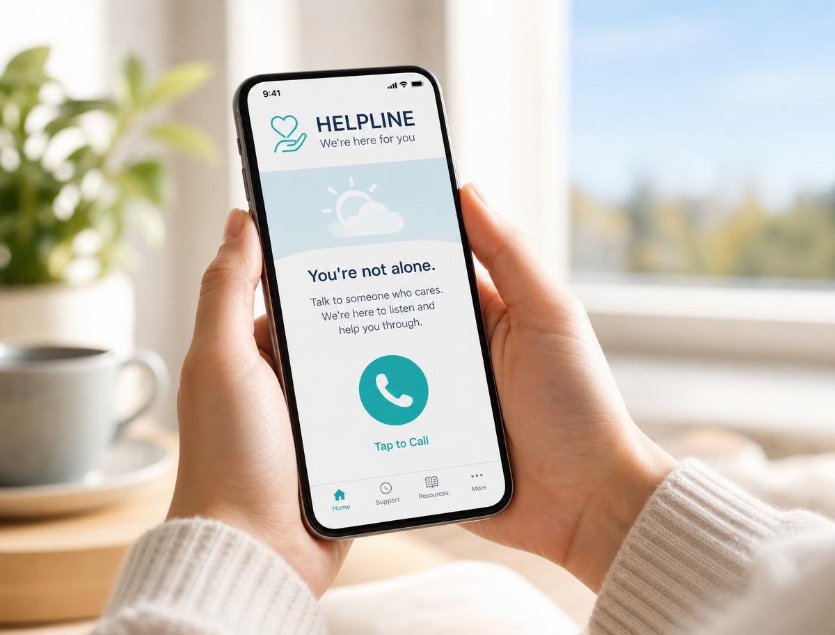 Hands holding a phone displaying the HelpLine app.