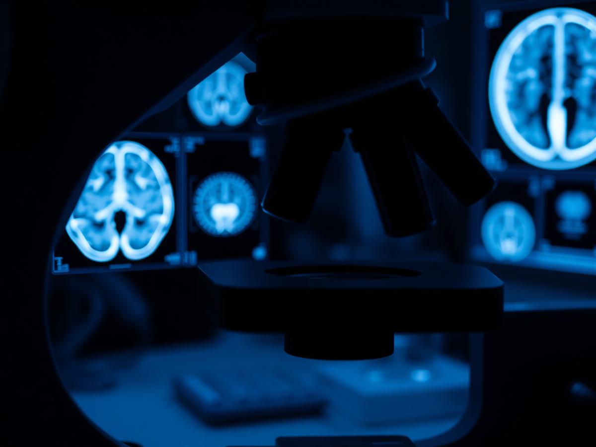 Microscope in a research lab with brain scan imaging.