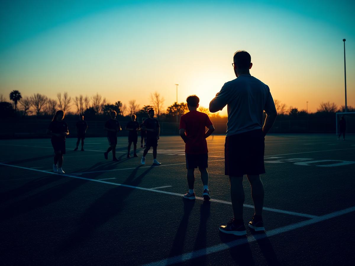 Coach guiding youth athletes at sunset.